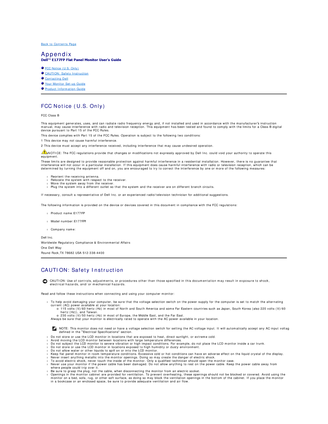 Dell E177FP appendix Appendix, FCC Notice U.S. Only 