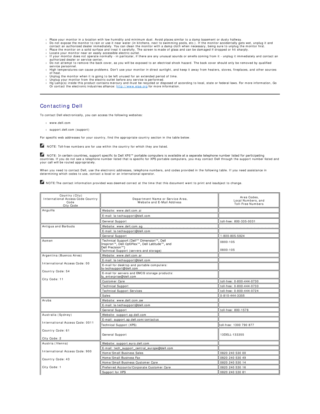 Dell E177FP appendix Contacting Dell, Area Codes Local Numbers, Toll-Free Numbers 