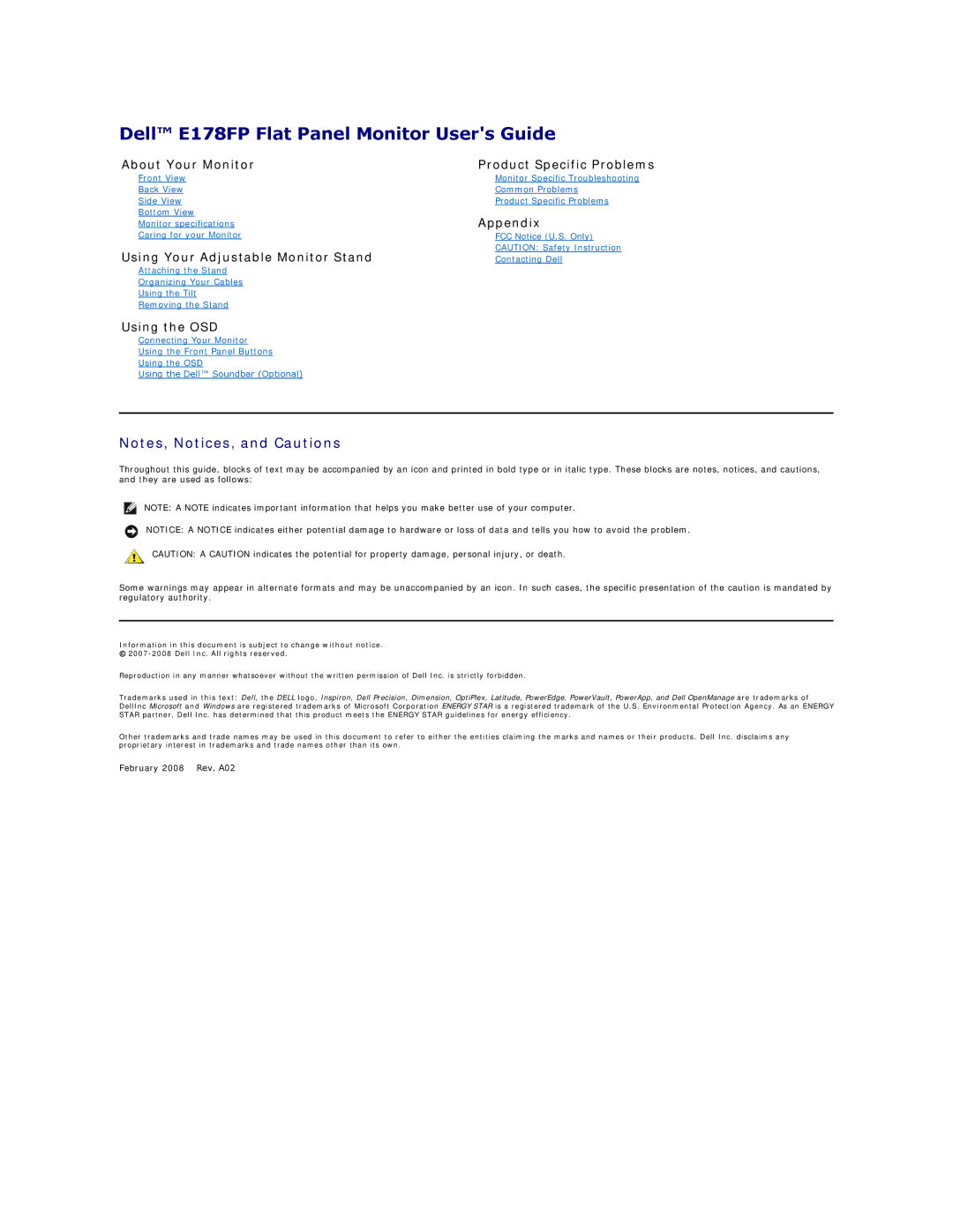 Dell appendix Dell E178FP Flat Panel Monitor Users Guide, About Your Monitor Product Specific Problems 