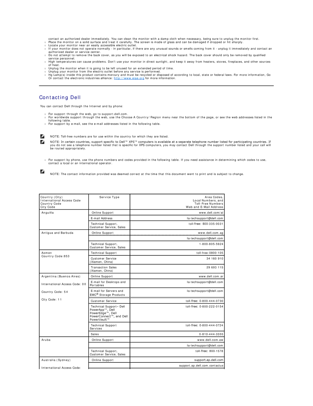 Dell E178FP appendix Contacting Dell 