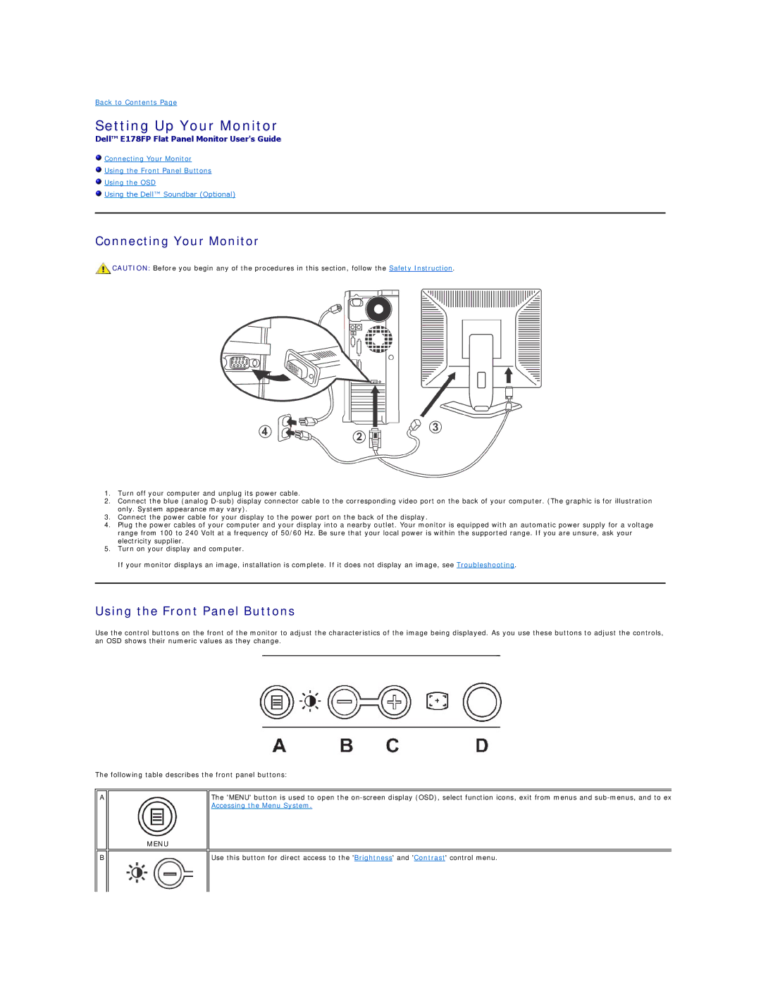 Dell E178FP appendix Setting Up Your Monitor, Connecting Your Monitor, Using the Front Panel Buttons, Menu 