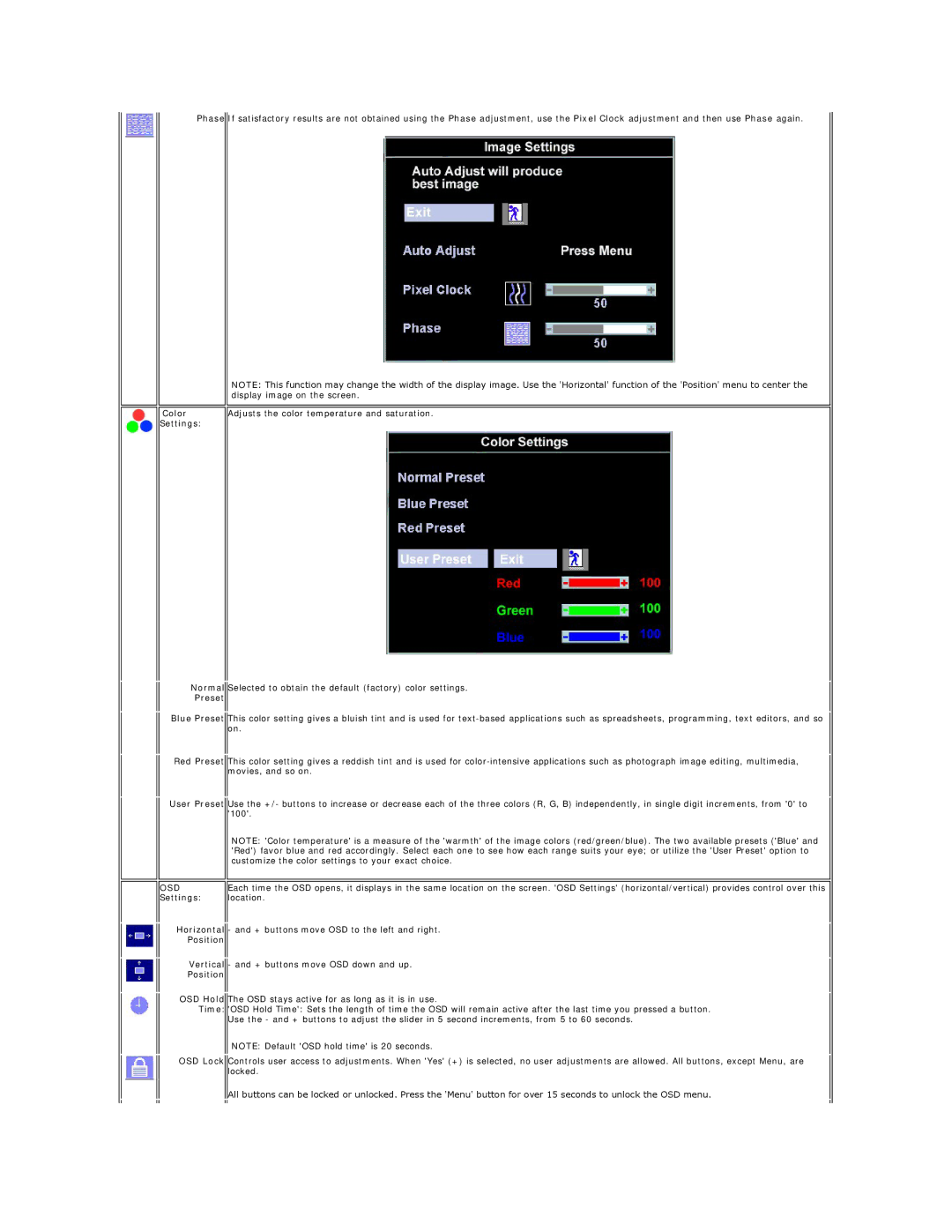 Dell E178FP appendix Color Settings, Preset, Osd, Settings Location, Position 