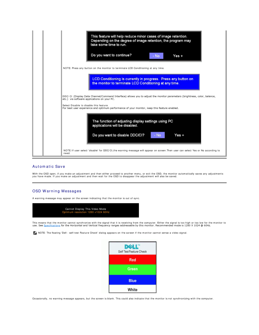 Dell E178FP appendix Automatic Save, OSD Warning Messages 