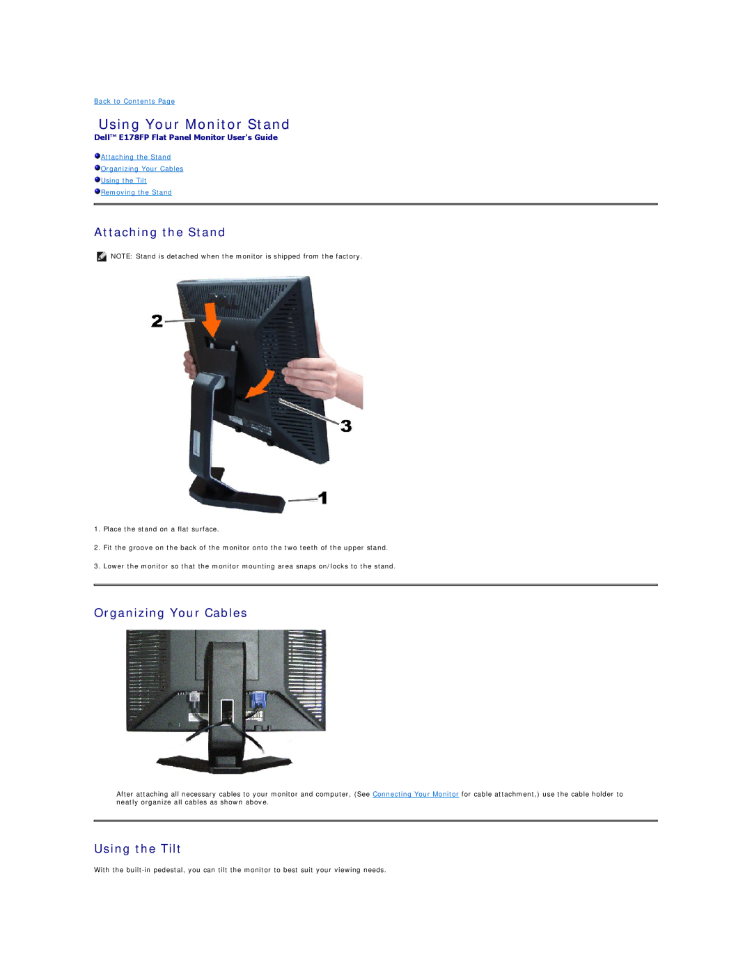 Dell E178FP appendix Using Your Monitor Stand, Attaching the Stand, Organizing Your Cables, Using the Tilt 