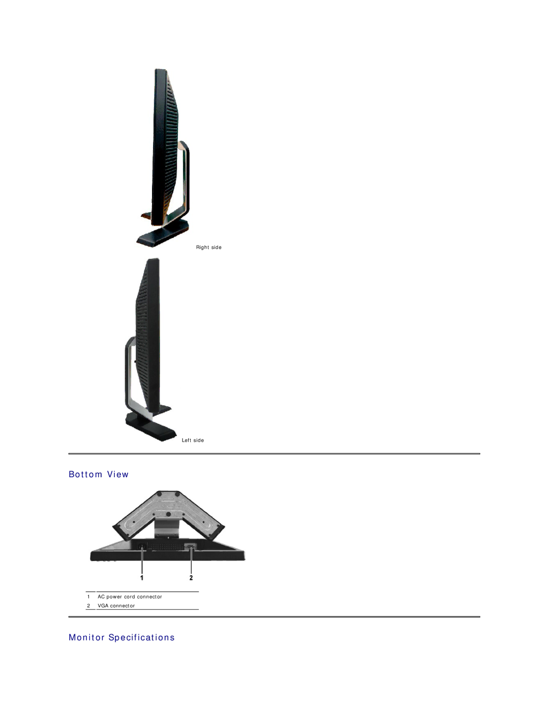 Dell E178FP appendix Bottom View, Monitor Specifications 