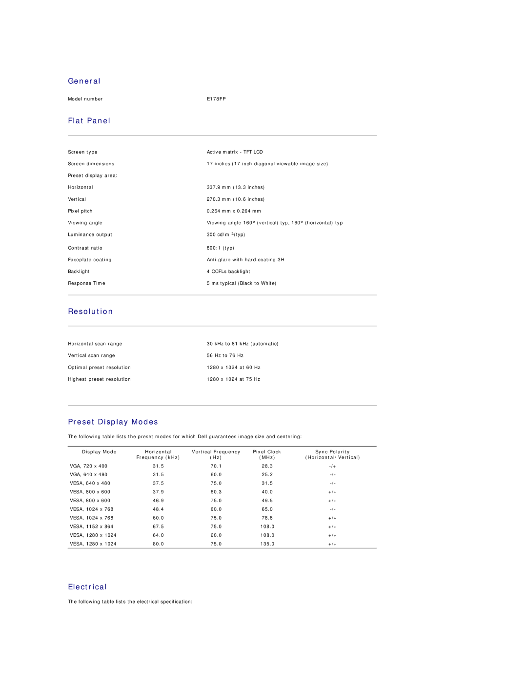 Dell E178FP appendix General, Flat Panel, Resolution, Preset Display Modes, Electrical 