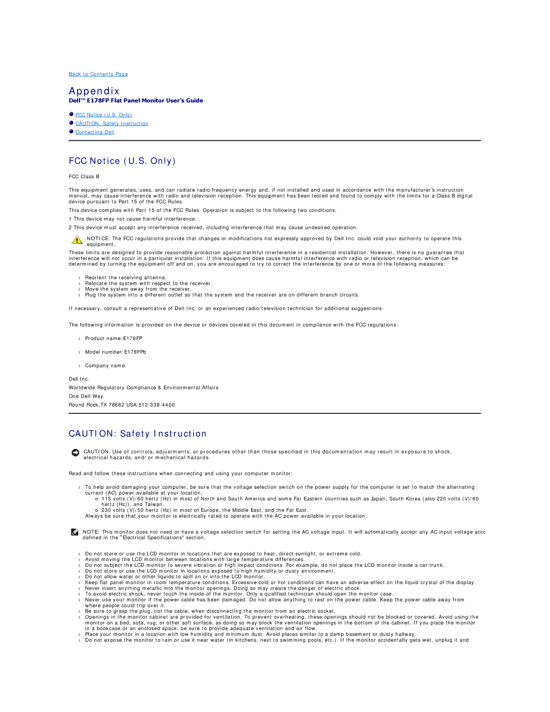 Dell E178FP appendix Appendix, FCC Notice U.S. Only 