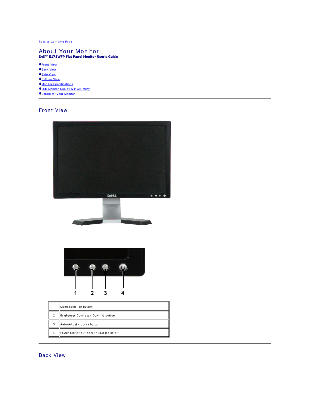 Dell E178WFP appendix About Your Monitor, Front View, Back View 