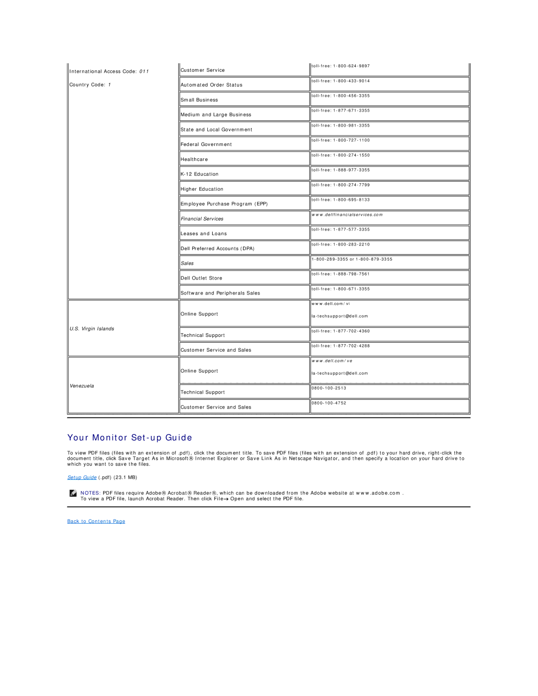 Dell E178WFP appendix Your Monitor Set-up Guide, Virgin Islands Venezuela, Financial Services 