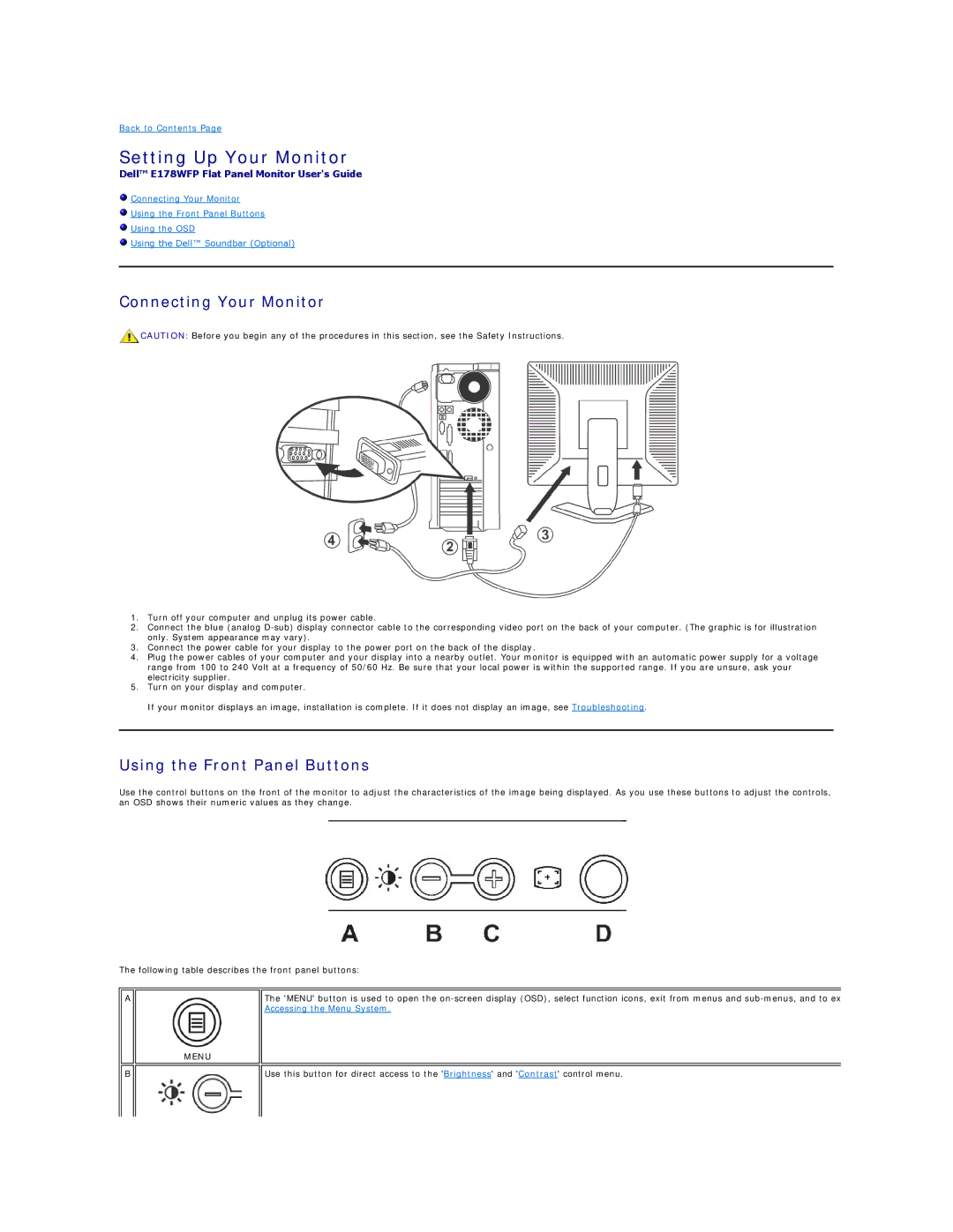 Dell E178WFP appendix Setting Up Your Monitor, Connecting Your Monitor, Using the Front Panel Buttons 