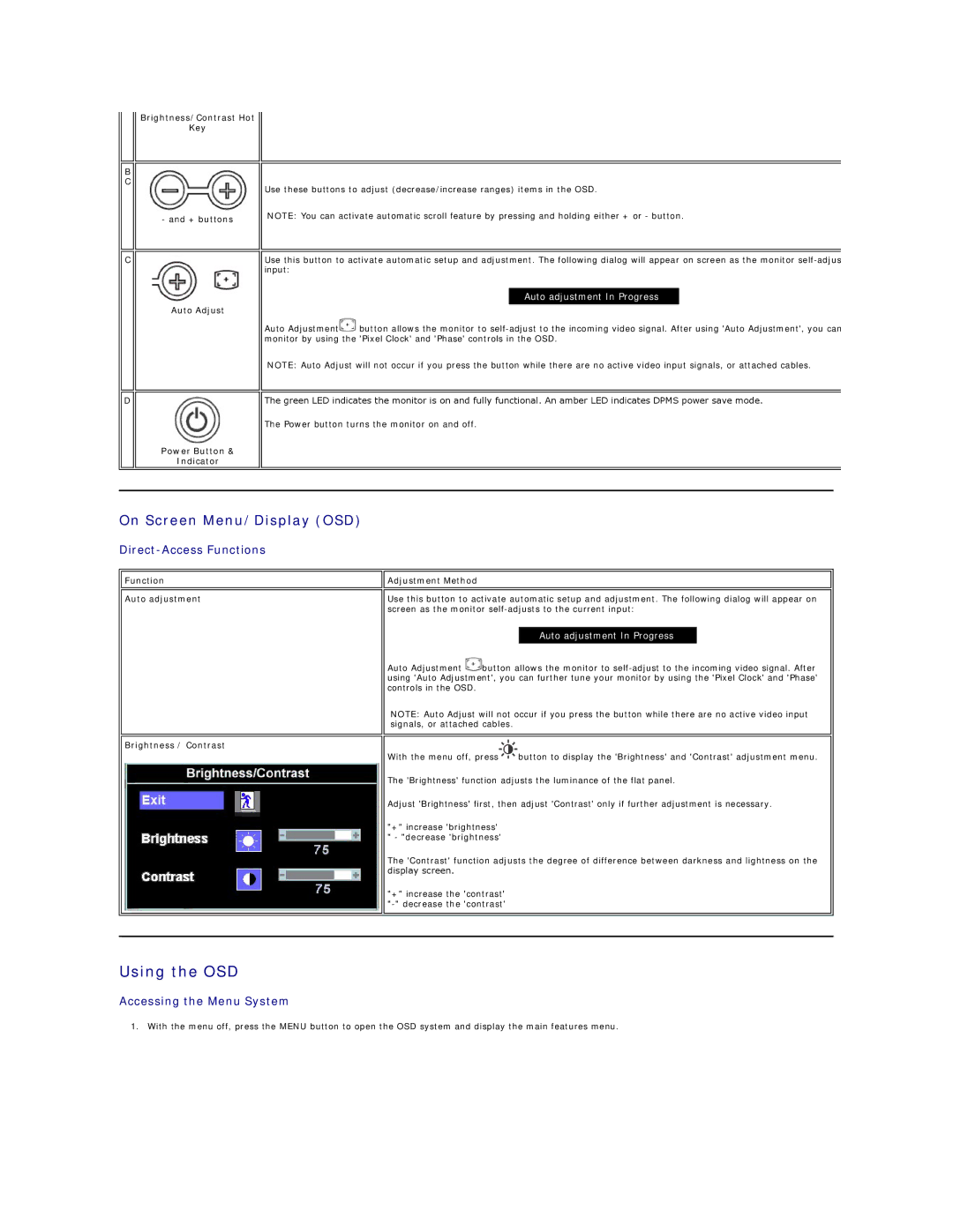 Dell E178WFP appendix Using the OSD, On Screen Menu/Display OSD, Brightness/Contrast Hot Key + buttons, Auto Adjust 