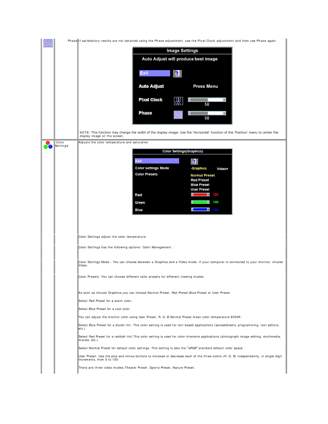 Dell E178WFP appendix Settings 