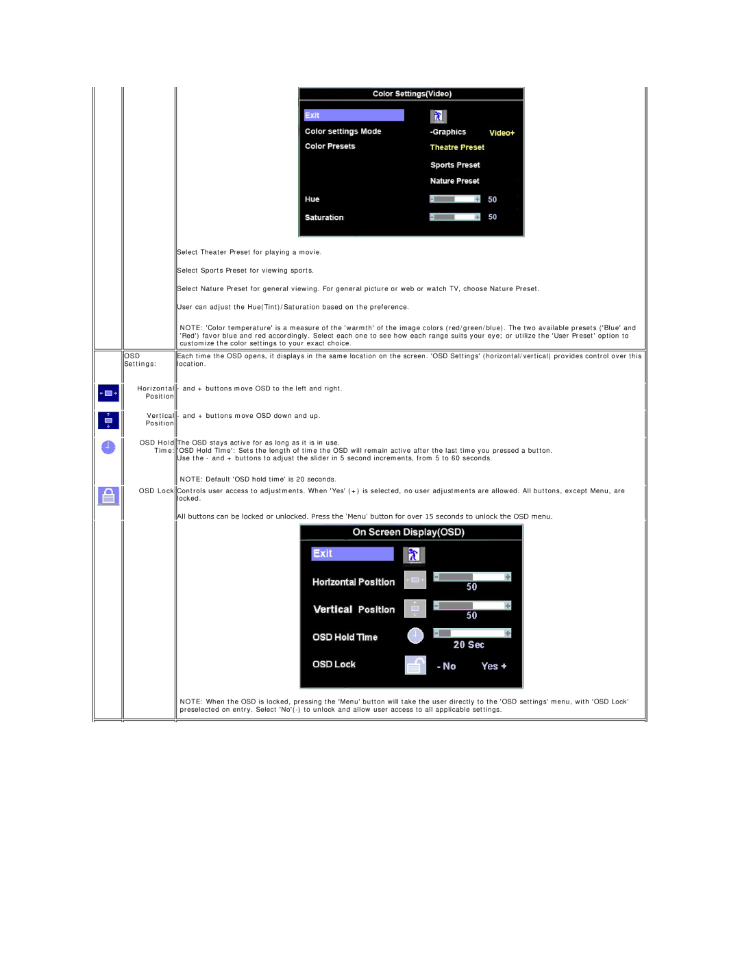 Dell E178WFP appendix OSD Settings, Position 