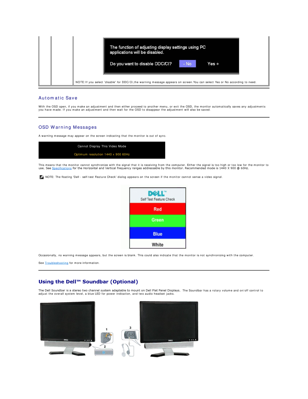 Dell E178WFP appendix Using the Dell Soundbar Optional, Automatic Save, OSD Warning Messages 