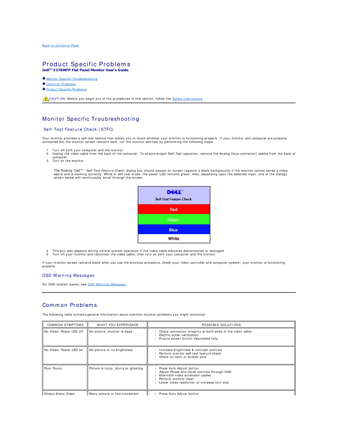 Dell E178WFP appendix Product Specific Problems, Monitor Specific Troubleshooting, Common Problems 