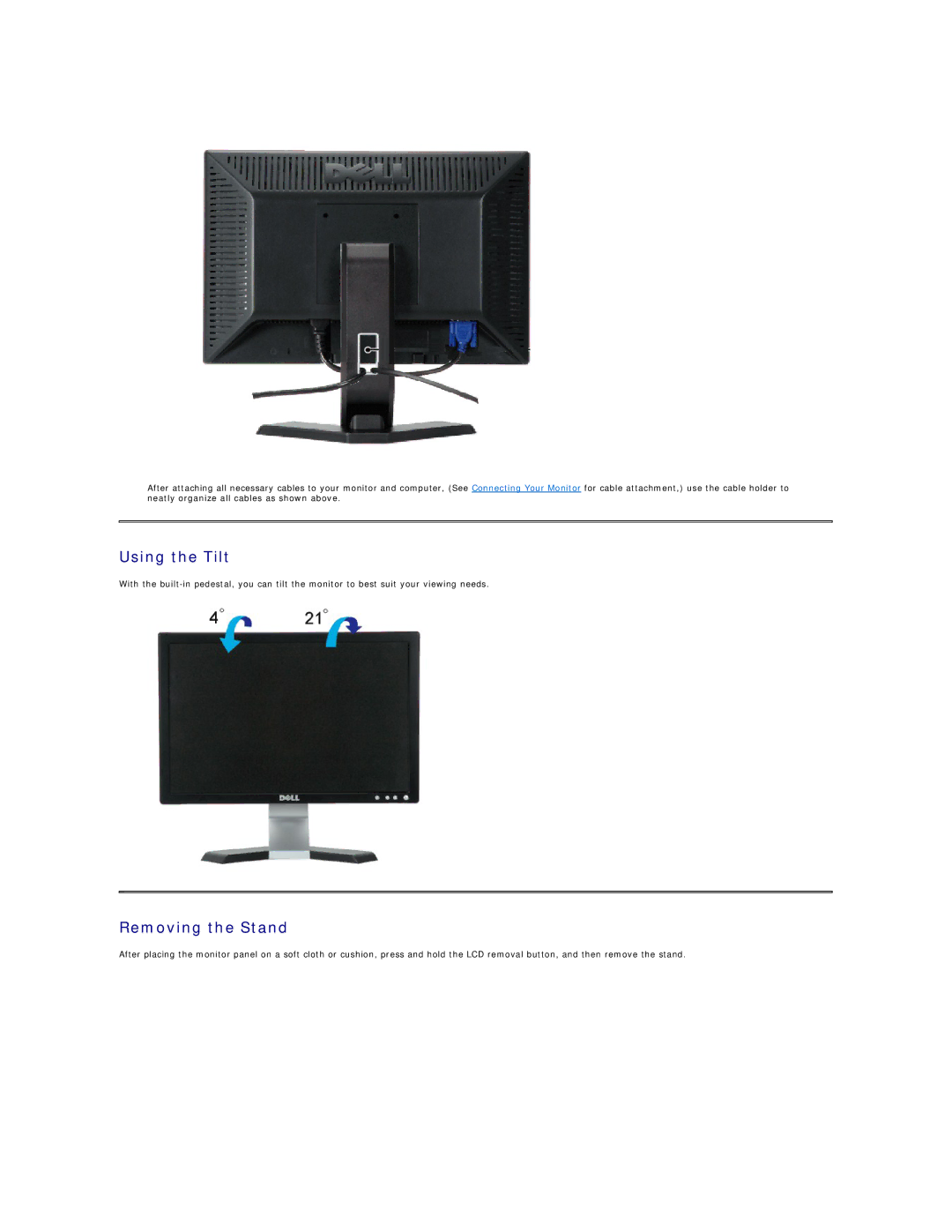 Dell E178WFP appendix Using the Tilt, Removing the Stand 