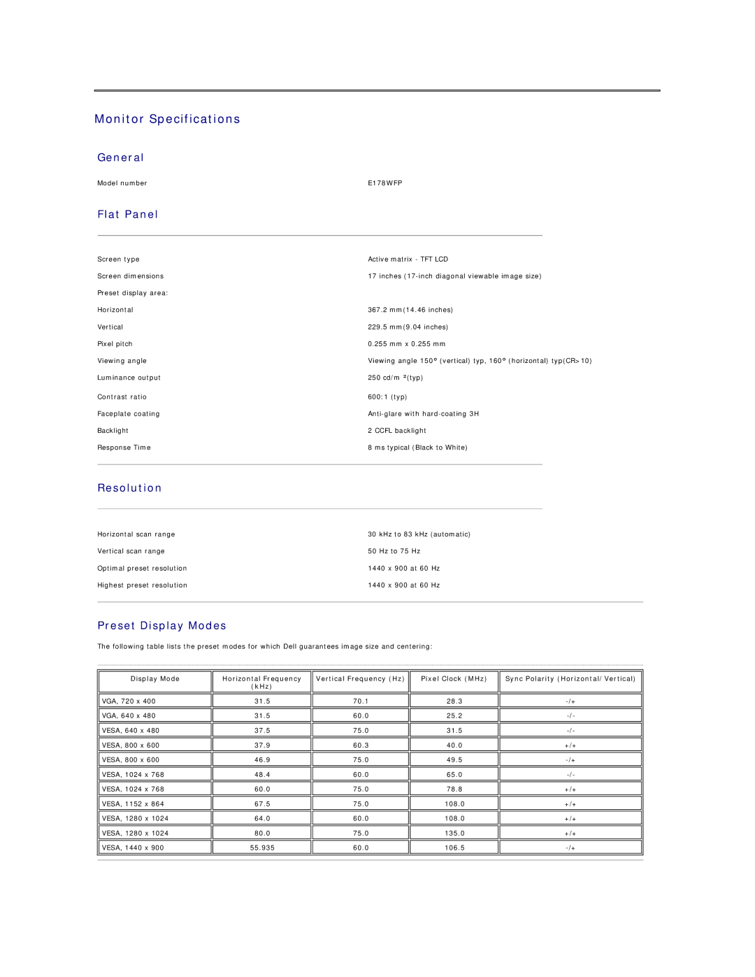 Dell E178WFP appendix Monitor Specifications, General, Flat Panel, Resolution, Preset Display Modes 