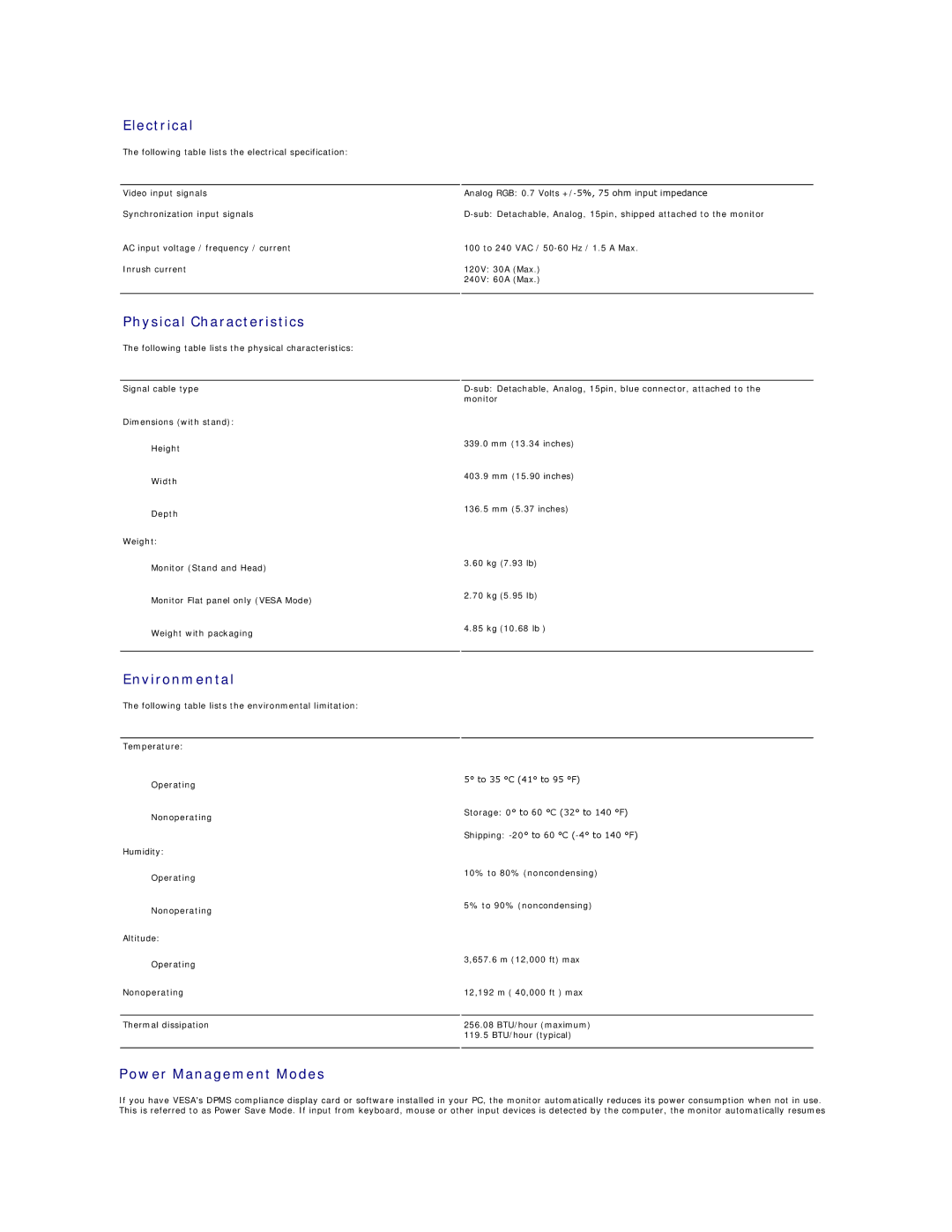 Dell E178WFP appendix Electrical, Physical Characteristics, Environmental, Power Management Modes 