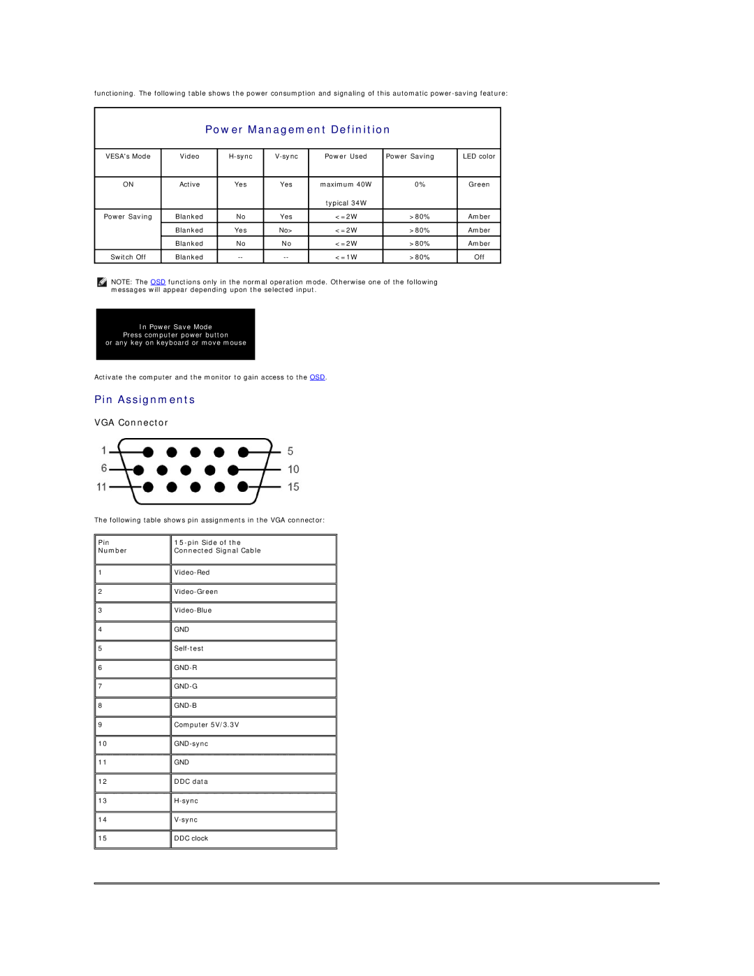 Dell E178WFP appendix Power Management Definition, Pin Assignments, Pin Number Pin Side of the Connected Signal Cable 