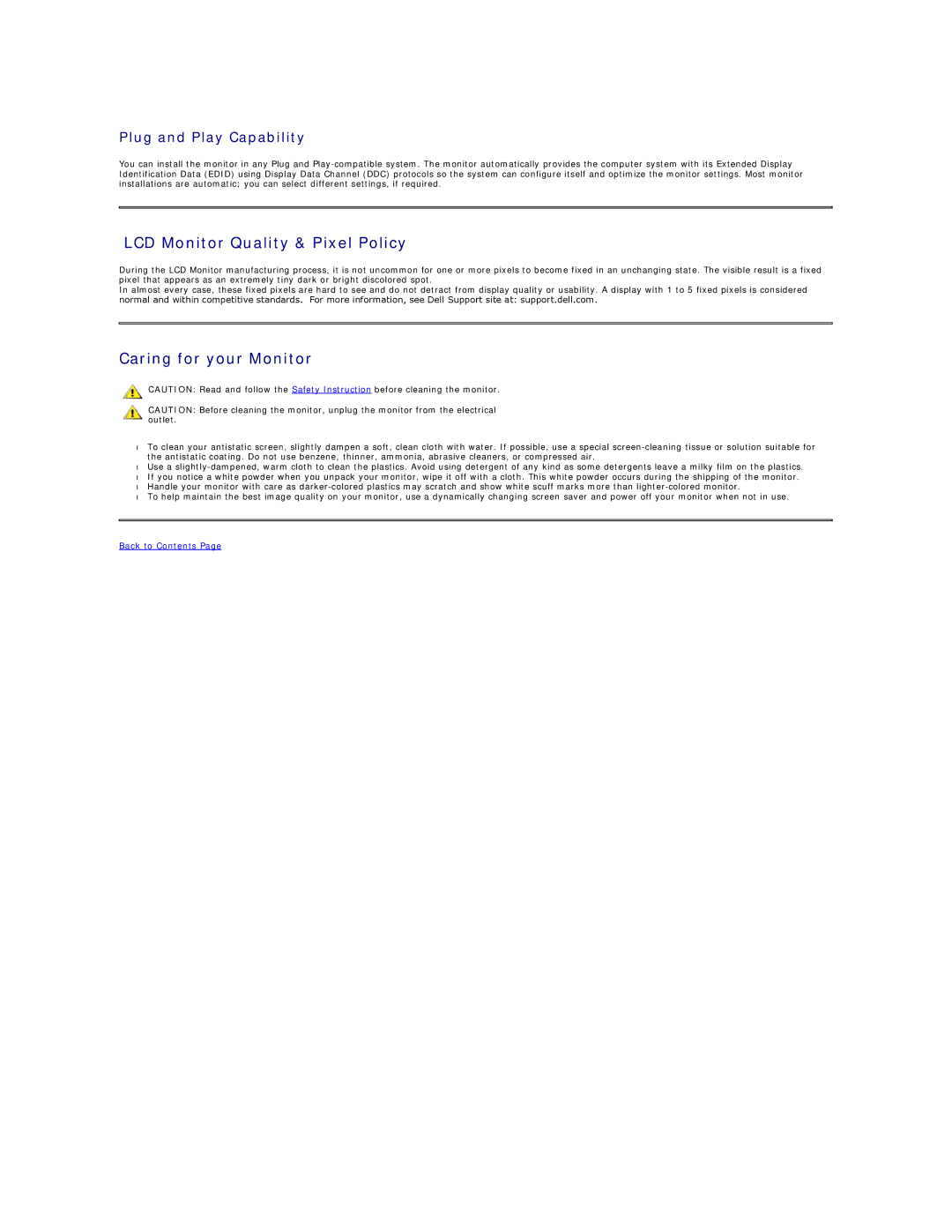 Dell E178WFP appendix LCD Monitor Quality & Pixel Policy, Caring for your Monitor, Plug and Play Capability 