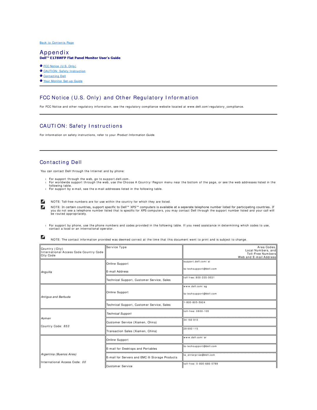 Dell E178WFP appendix Appendix, FCC Notice U.S. Only and Other Regulatory Information, Contacting Dell 