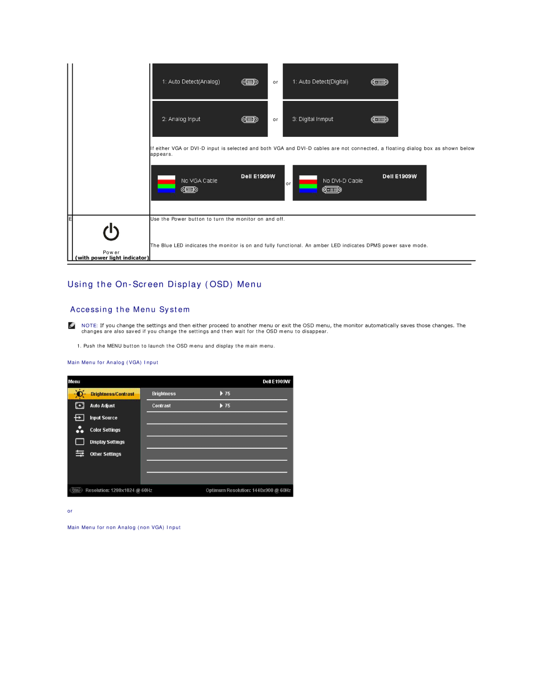 Dell E1909W appendix Using the On-Screen Display OSD Menu, Accessing the Menu System, Power With power light indicator 