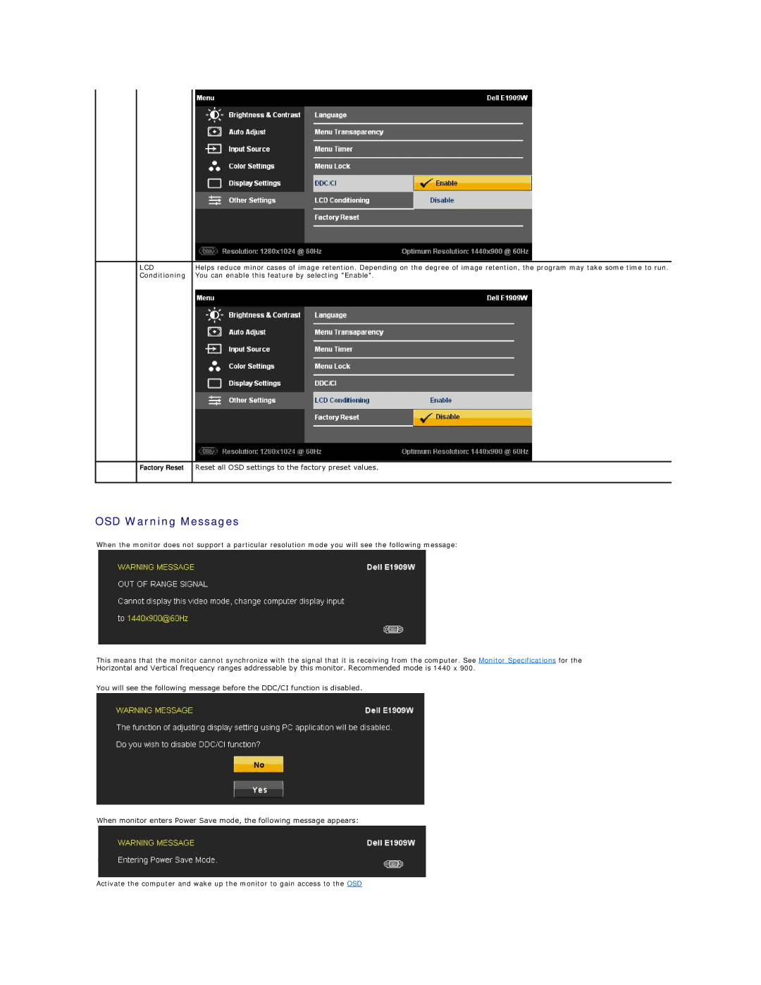 Dell E1909W appendix OSD Warning Messages, LCD Conditioning 