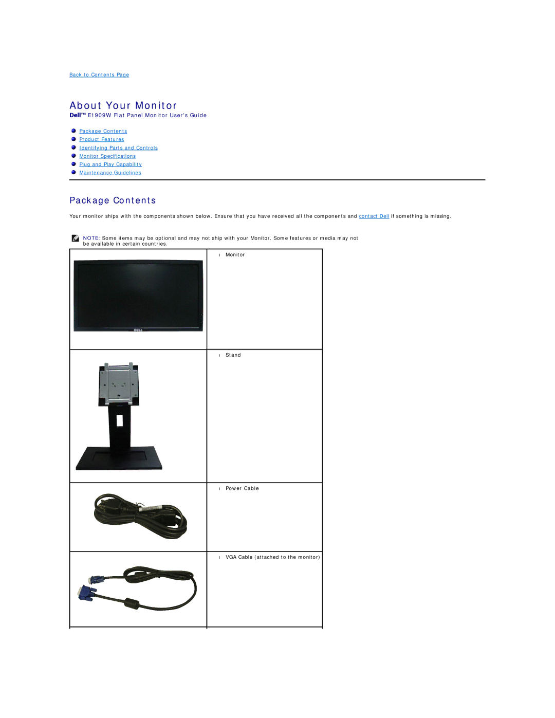 Dell E1909W appendix About Your Monitor, Package Contents 