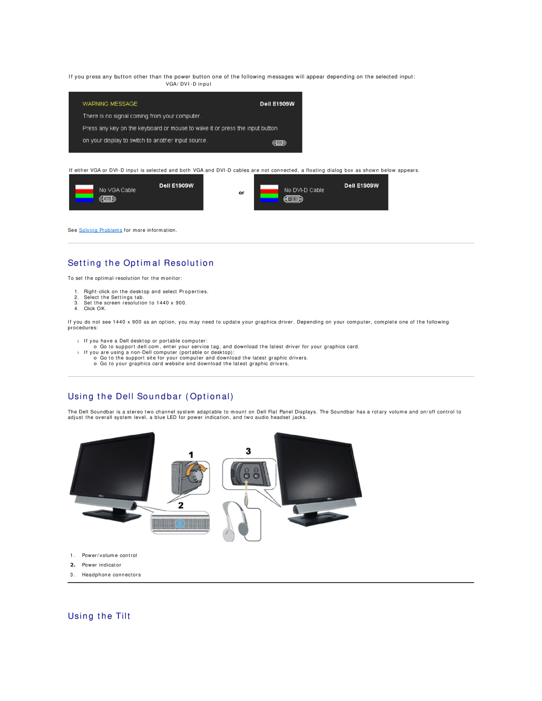 Dell E1909W appendix Setting the Optimal Resolution, Using the Dell Soundbar Optional, Using the Tilt, VGA/DVI-D input 