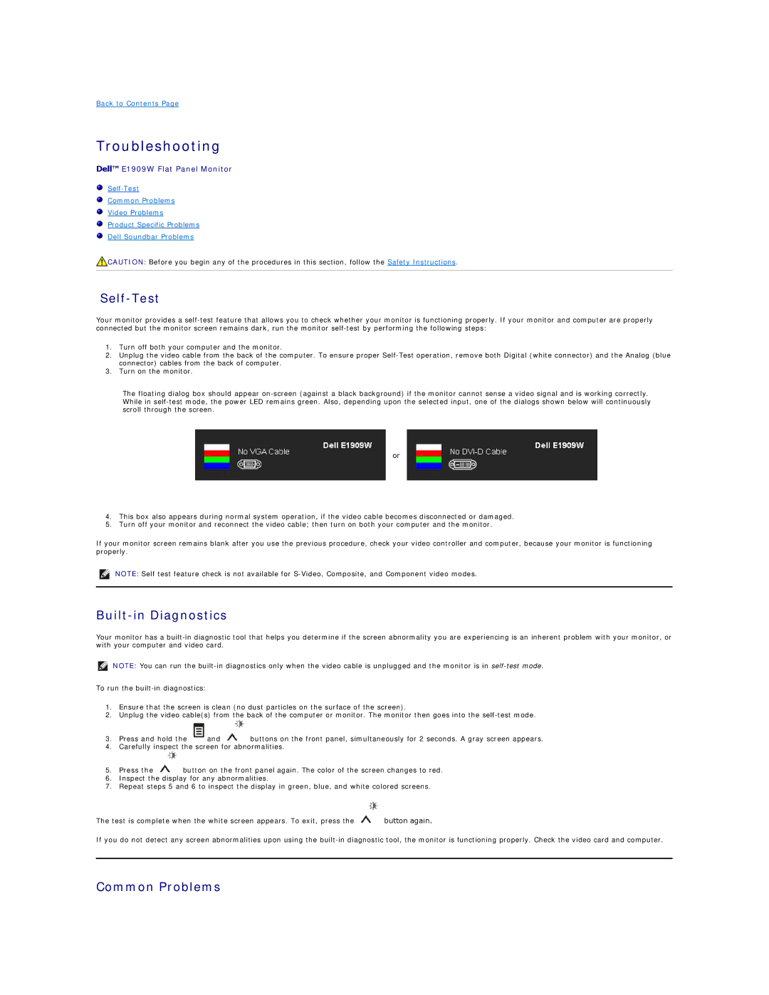 Dell E1909W appendix Troubleshooting, Self-Test, Built-in Diagnostics, Common Problems 