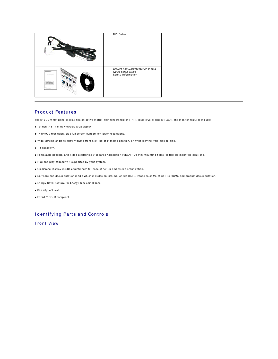 Dell E1909W appendix Product Features, Identifying Parts and Controls, Front View 