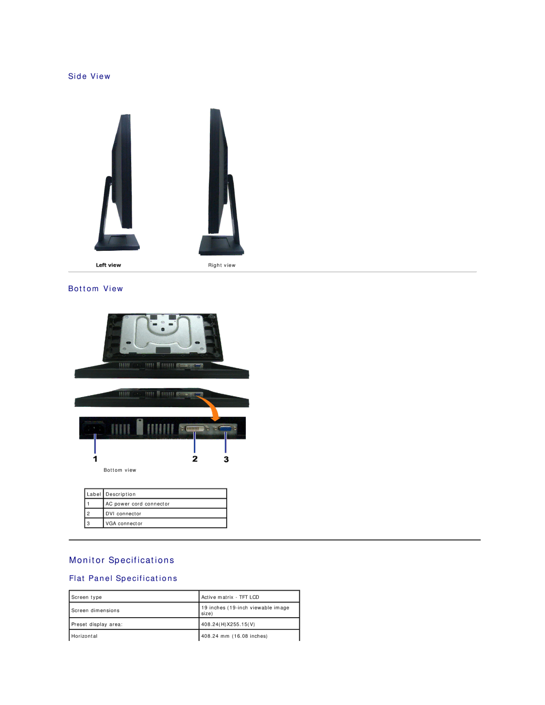 Dell E1909W appendix Monitor Specifications, Side View, Bottom View, Flat Panel Specifications 