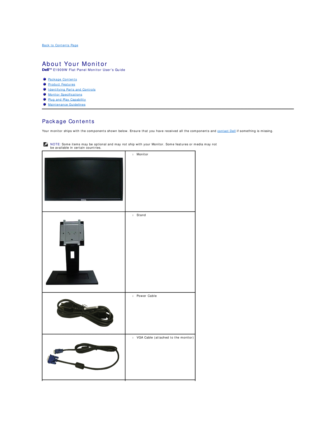 Dell appendix About Your Monitor, Package Contents, Dell E1909W Flat Panel Monitor Users Guide, Back to Contents Page 