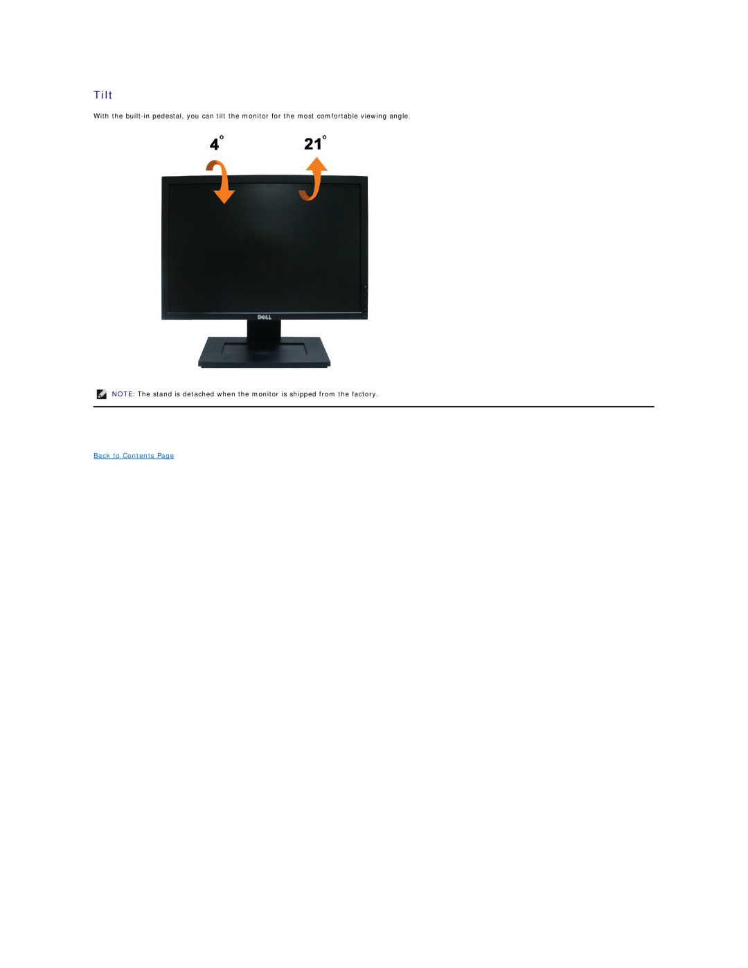 Dell E1909W appendix Tilt, Back to Contents Page 