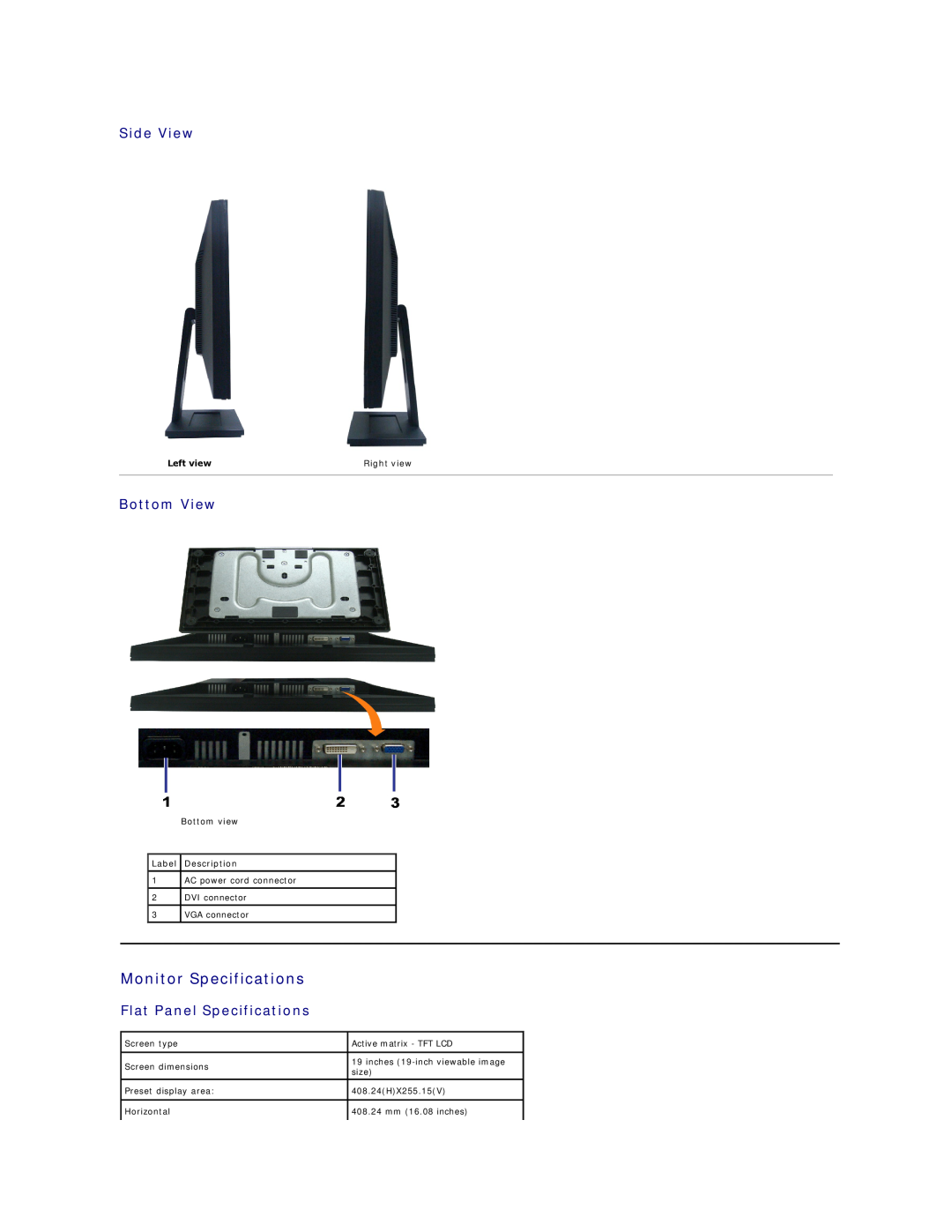Dell E1909W Monitor Specifications, Side View, Bottom View, Flat Panel Specifications, Left view, Right view, Bottom view 
