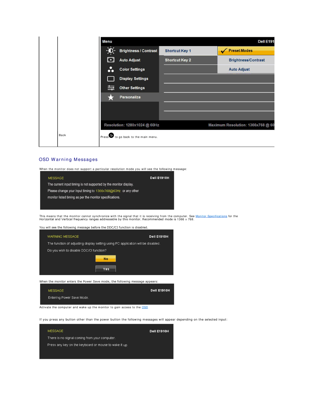 Dell E1910H appendix OSD Warning Messages, Back 