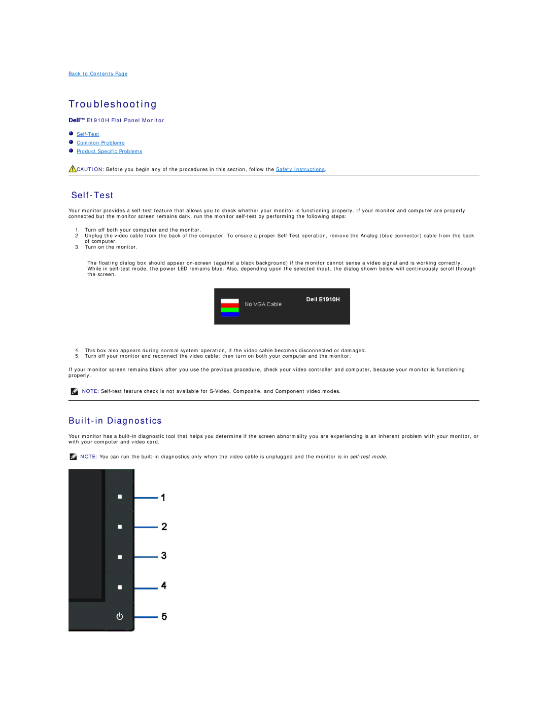 Dell E1910H appendix Troubleshooting, Self-Test, Built-in Diagnostics 