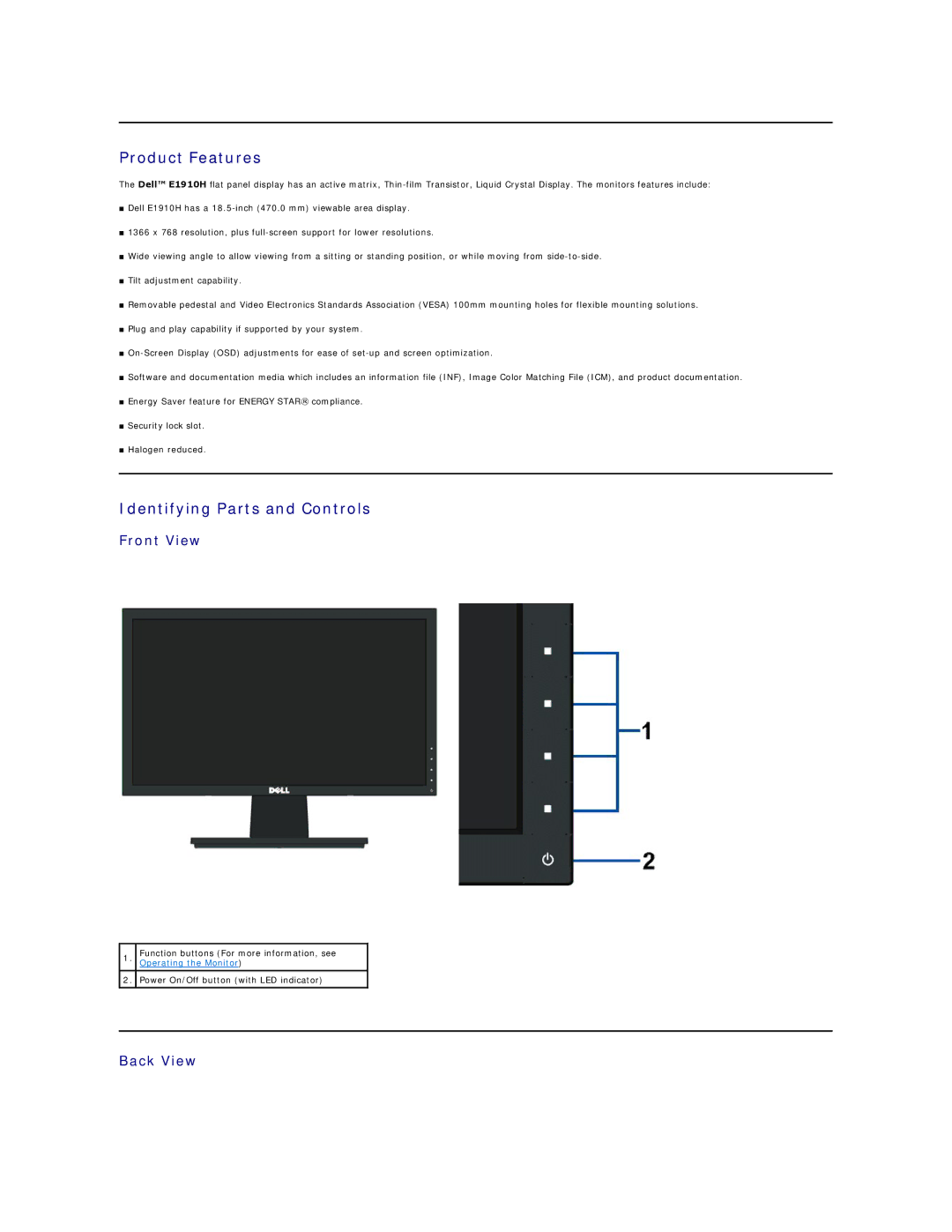 Dell E1910H appendix Product Features, Identifying Parts and Controls, Front View, Back View 