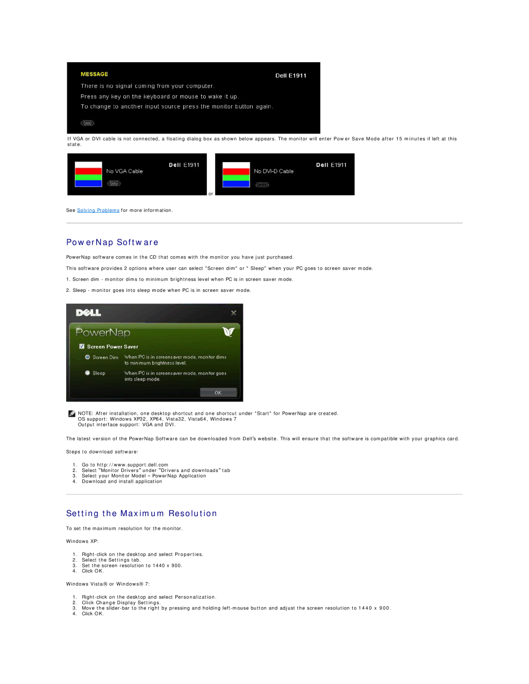 Dell E1911C, E1911F appendix PowerNap Software, Setting the Maximum Resolution, Click Change Display Settings 