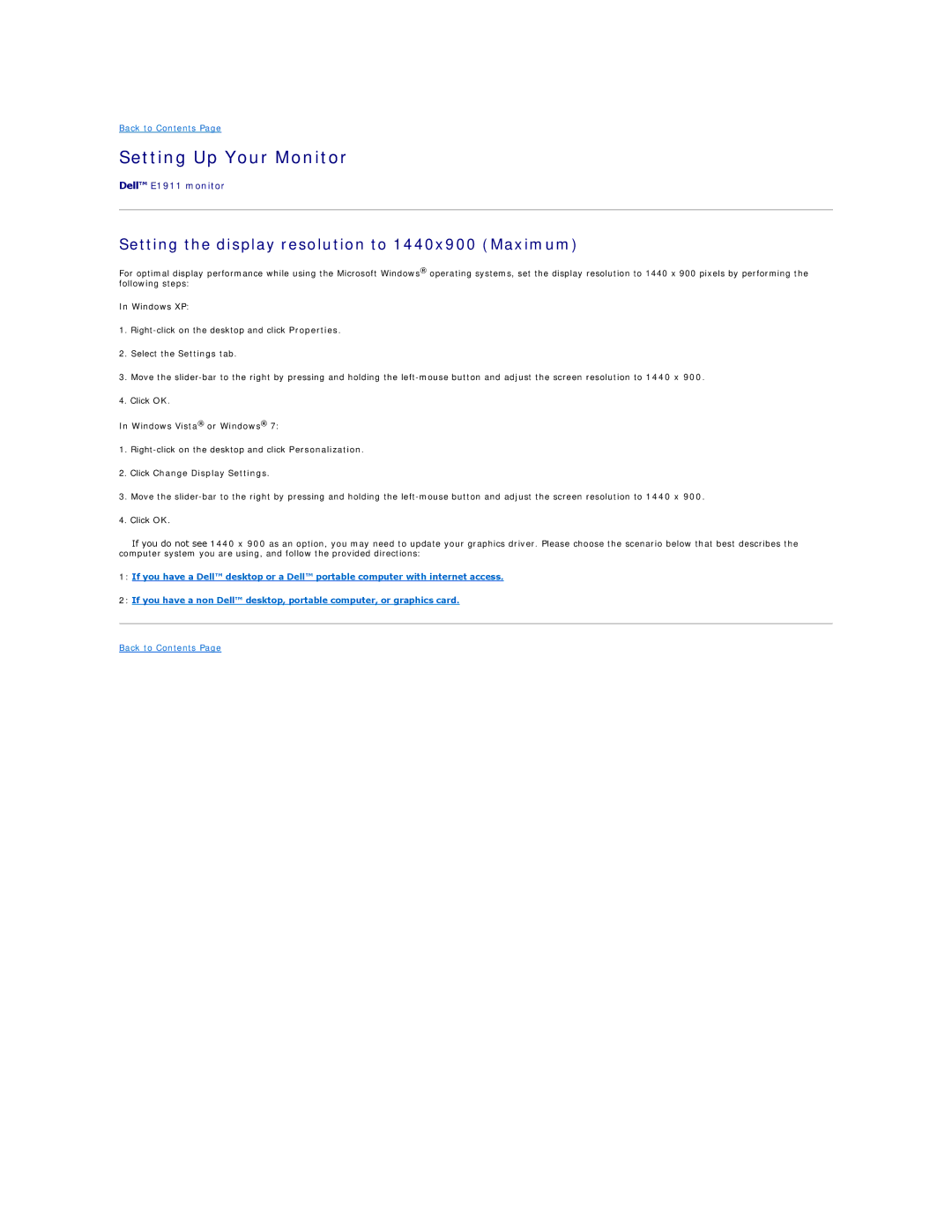 Dell E1911F, E1911C appendix Setting Up Your Monitor, Setting the display resolution to 1440x900 Maximum 