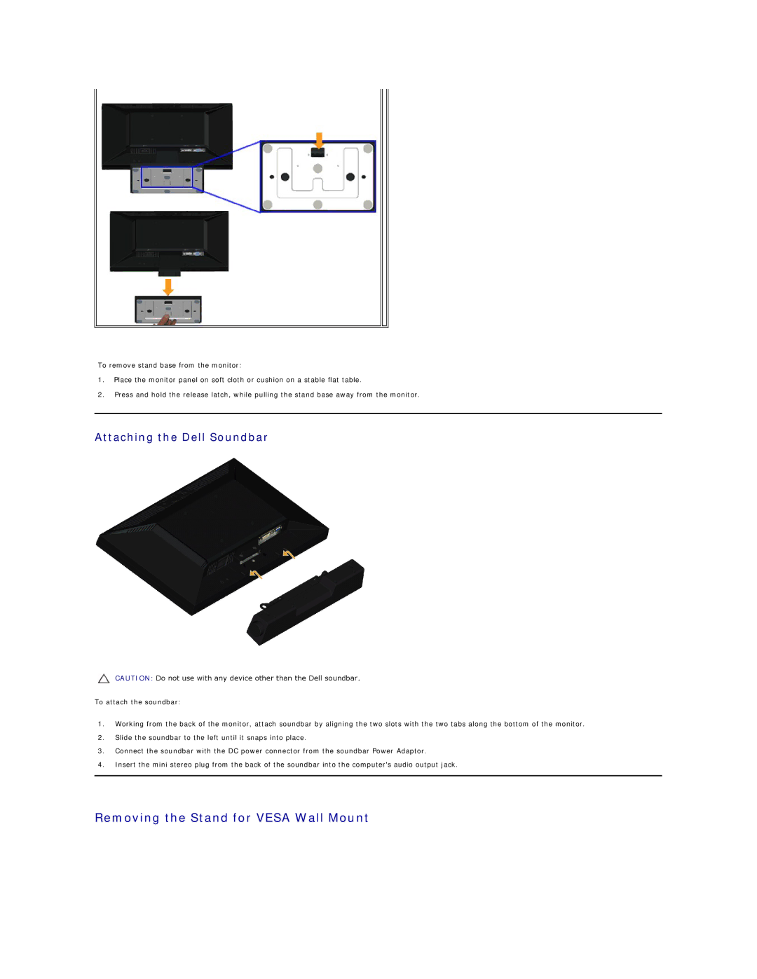 Dell E1911C, E1911F appendix Removing the Stand for Vesa Wall Mount, Attaching the Dell Soundbar 