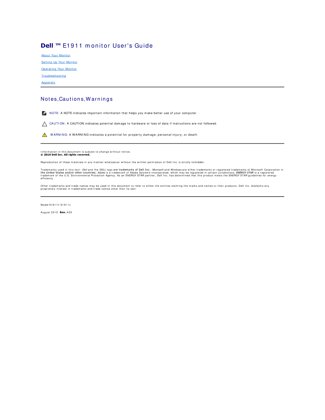 Dell E1911F appendix Dell E1911 monitor Users Guide 