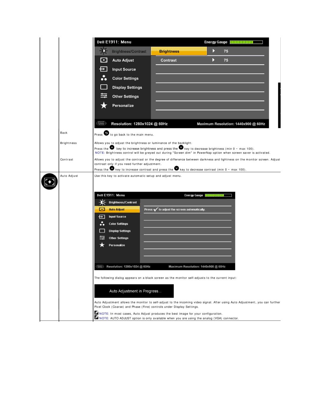 Dell E1911F appendix Back Brightness Contrast Auto Adjust 