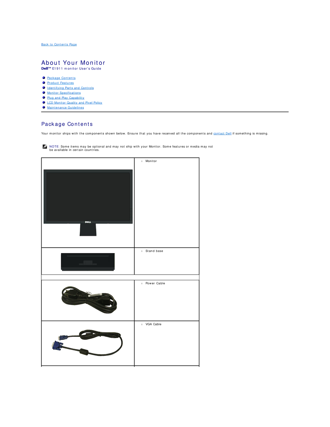 Dell E1911F appendix About Your Monitor, Package Contents 