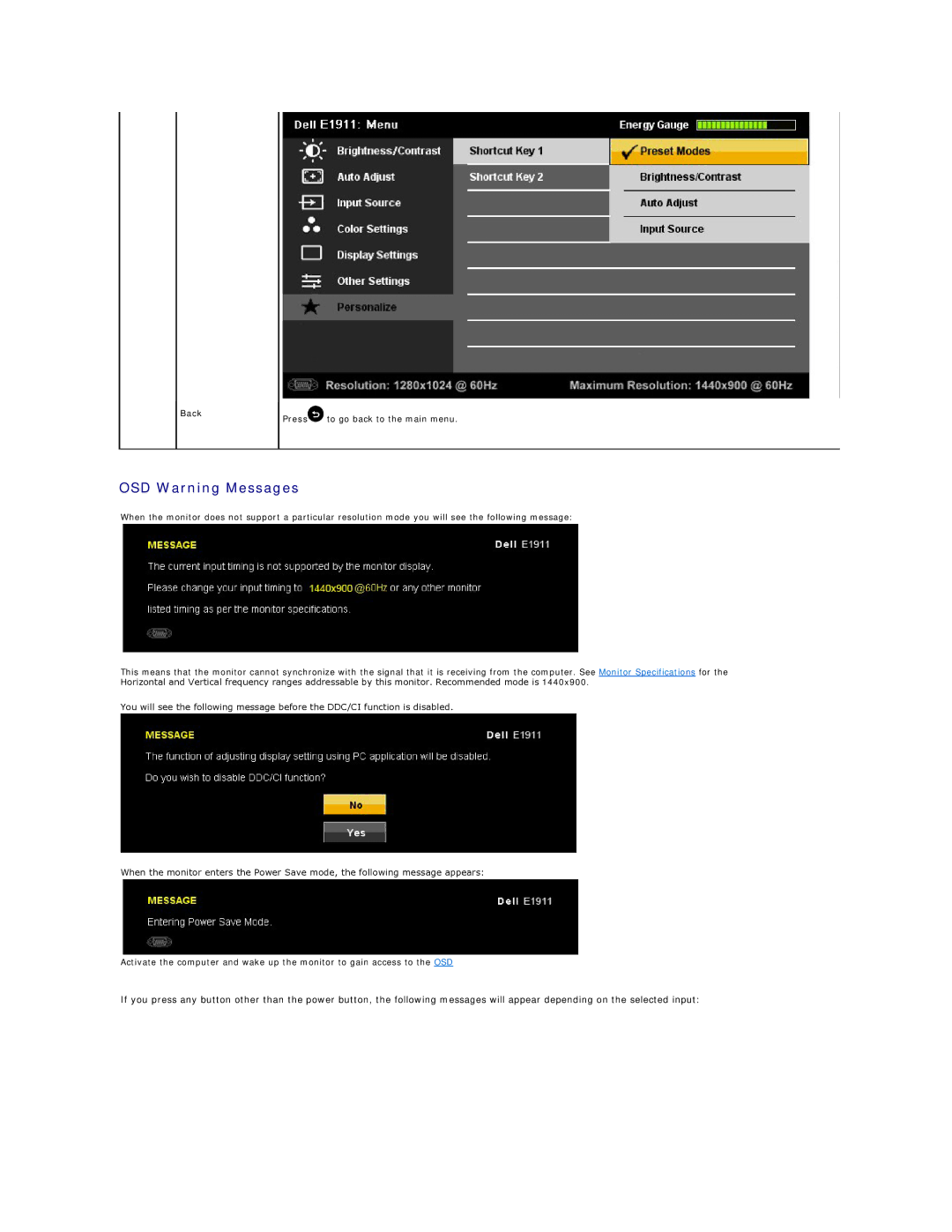 Dell E1911F appendix OSD Warning Messages, Back 