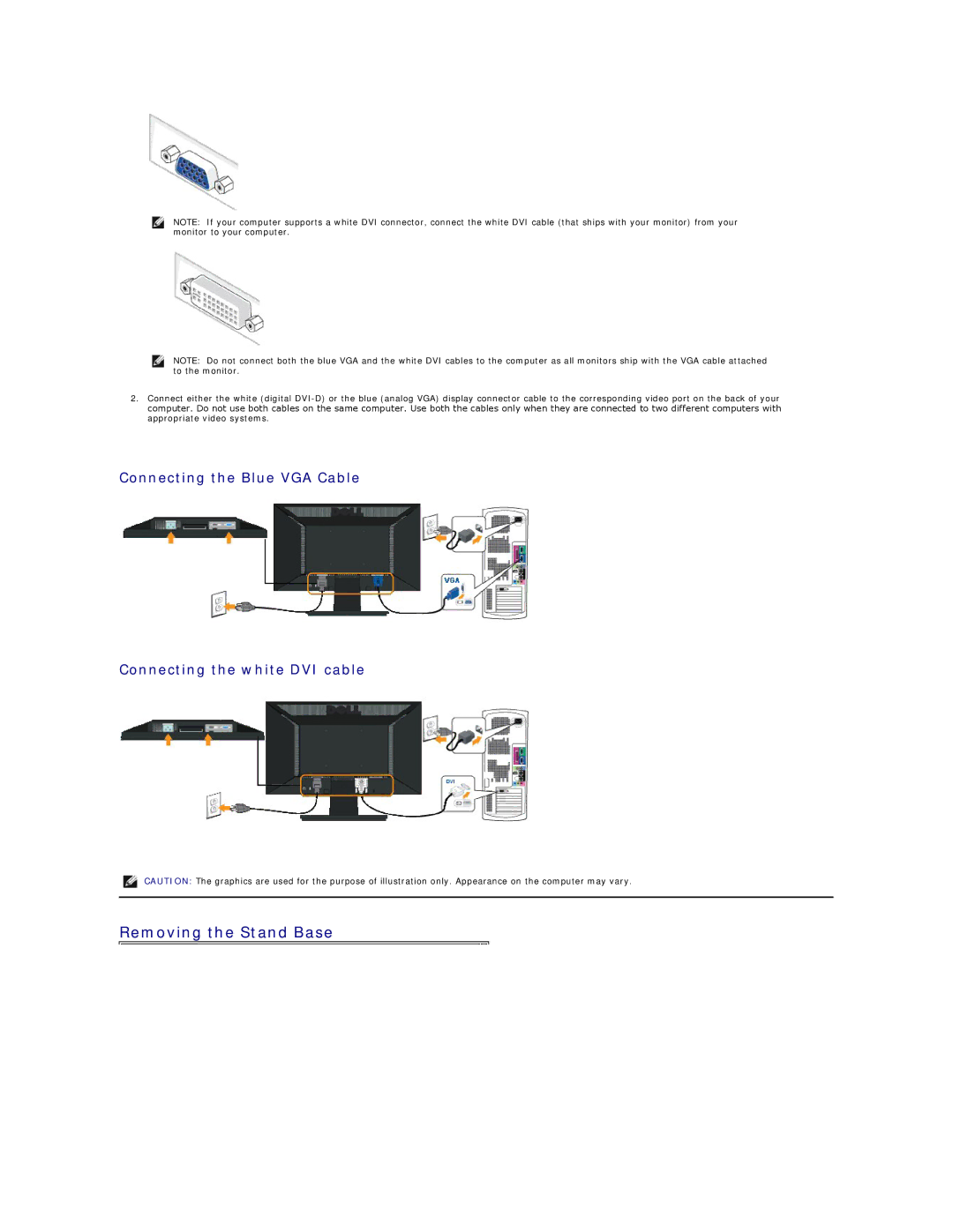 Dell E1911F appendix Removing the Stand Base, Connecting the Blue VGA Cable Connecting the white DVI cable 