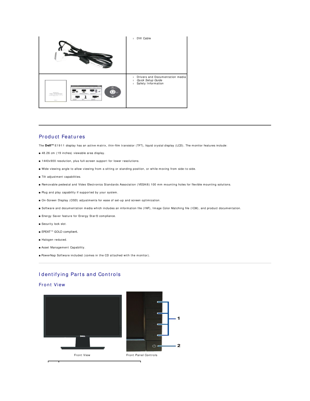 Dell E1911F appendix Product Features, Identifying Parts and Controls, Front View Front Panel Controls 