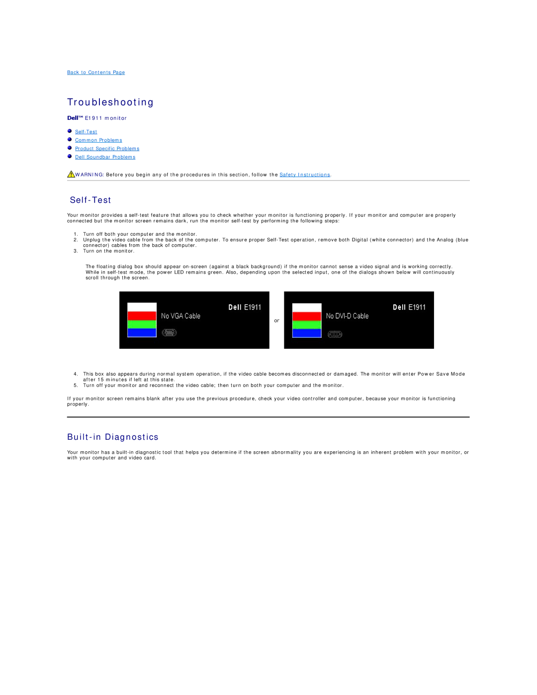 Dell E1911F appendix Troubleshooting, Self-Test, Built-in Diagnostics 