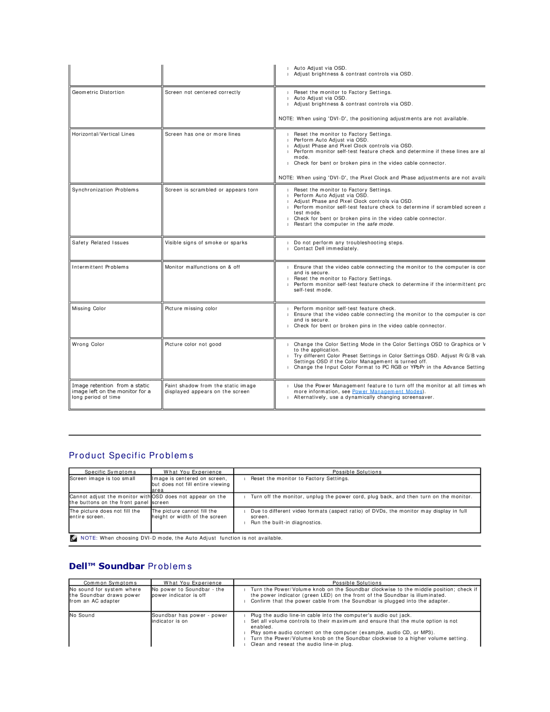 Dell E1911F Product Specific Problems, Dell Soundbar Problems, Specific Symptoms What You Experience Possible Solutions 