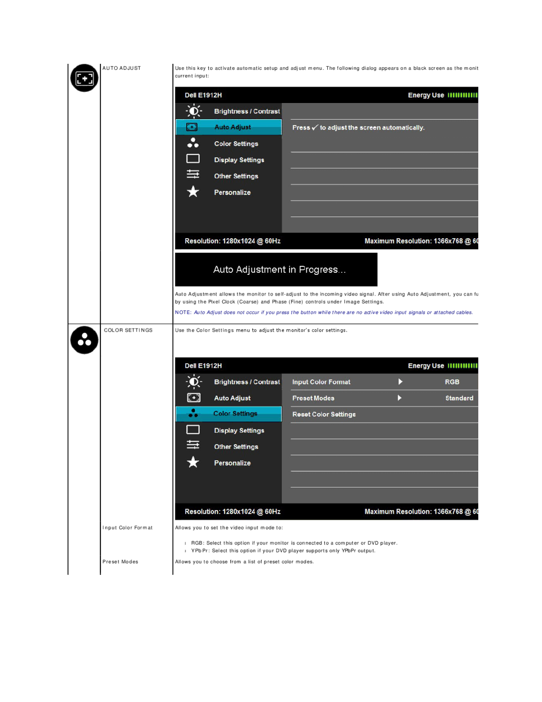 Dell E1912HC appendix Auto Adjust Color Settings, Input Color Format Preset Modes 